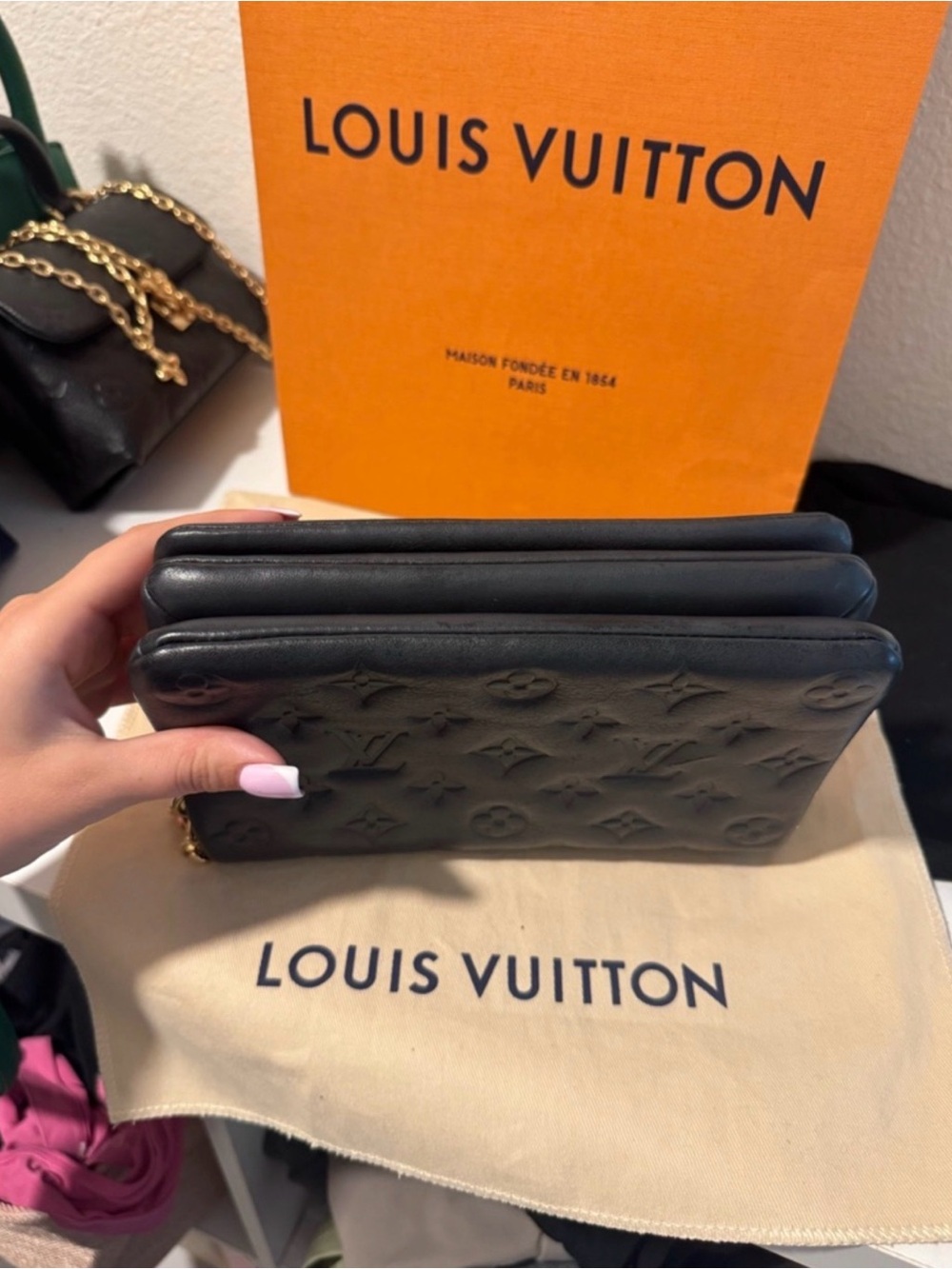 Louis Vuitton Black Monogram-Embossed Crossbody with Gold Chain - Picture 6 of 6